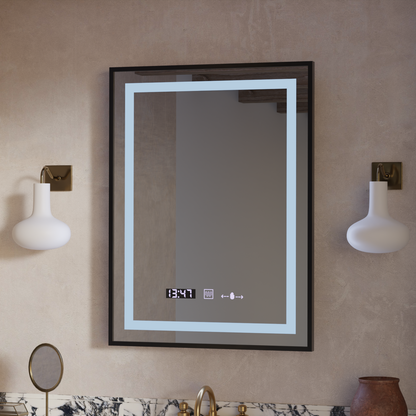 Miroir LED rectangulaire, 60x80 cm, Verite Majeste Noir Motion Glow Marcello, système anti-buée, horloge et thermomètre, intensité variable