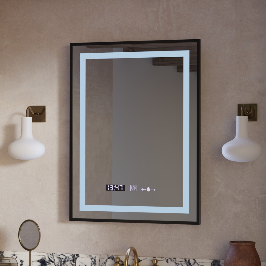 Miroir LED rectangulaire, 60x80 cm, Verite Majeste Noir Motion Glow Marcello, système anti-buée, horloge et thermomètre, intensité variable