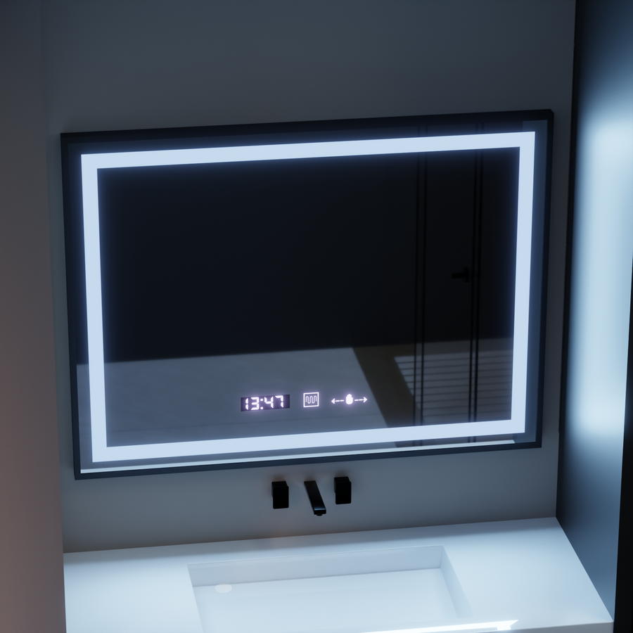 Miroir LED rectangulaire, 80x60 cm, Verite Majeste Noir Motion Glow Marcello, système anti-buée, horloge et thermomètre, intensité variable