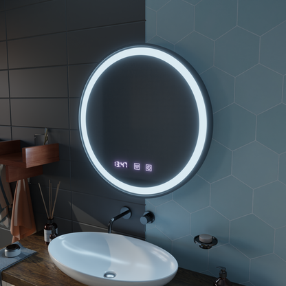 Miroir tactile LED NOVARA système anti-buée, horloge et température 90 cm cadre noir brossé