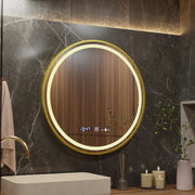 Miroir rond LED, 60 cm, Celeste Royale Gold Eleve MotionGlow Marcello, système anti-buée, horloge et thermomètre, intensité variable, sangle amovible