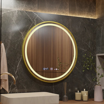Miroir rond LED, 60 cm, Celeste Royale Gold Eleve MotionGlow Marcello, système anti-buée, horloge et thermomètre, intensité variable, sangle amovible