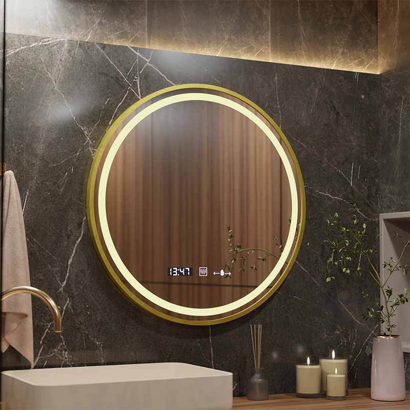 Miroir rond LED, 70 cm, Celeste Royale Gold MotionGlow Marcello, système anti-buée, horloge et thermomètre, intensité variable