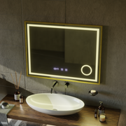 Miroir LED CLARUS Touch, système de désembuage, horloge et température, loupe cosmétique cadre or brossé 80x60 cm