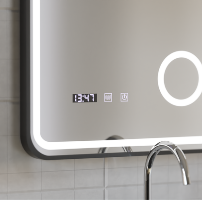 Ulrich Miroir Tactile LED Système de Désembuage, Horloge et Température Loupe Cosmétique Cadre Noir Brossé 60x80 cm
