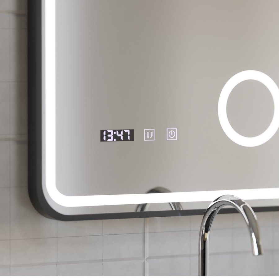 Ulrich Miroir Tactile LED Système de Désembuage, Horloge et Température Loupe Cosmétique Cadre Noir Brossé 60x80 cm