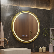 Miroir LED Capteur MotionGlow Faratya Système anti-buée Thermomètre et horloge Cadre or brossé Diamètre rond 100 cm Lumière froide/chaude/neutre Dimmable Collection Marcello Funghi