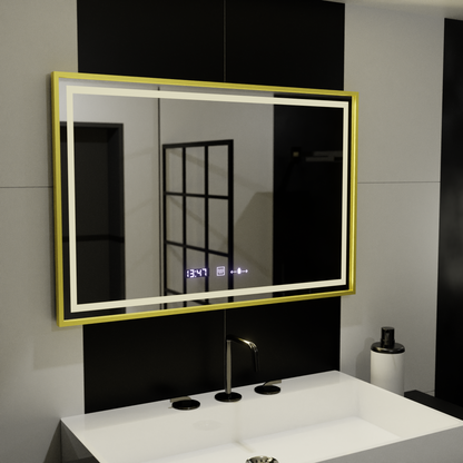 Miroir LED rectangulaire, 100x65 cm, Verite Royale Gold Motion Glow Marcello, système anti-buée, horloge et thermomètre, intensité variable