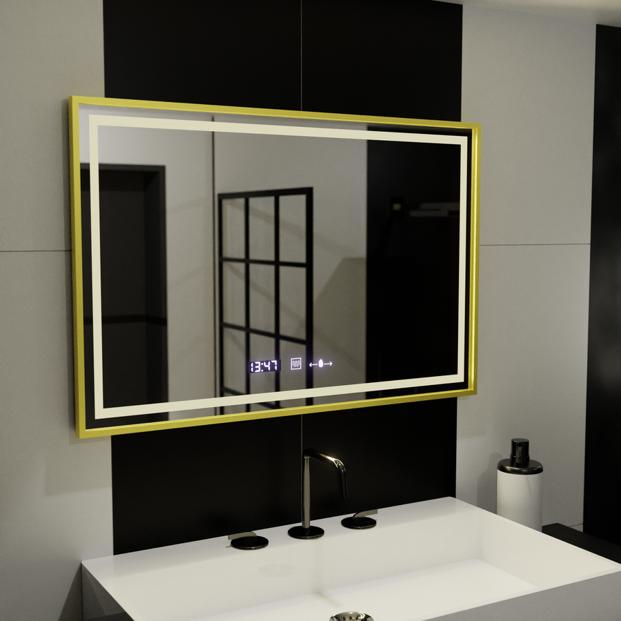 Miroir LED rectangulaire, 100x65 cm, Verite Royale Gold Motion Glow Marcello, système anti-buée, horloge et thermomètre, intensité variable