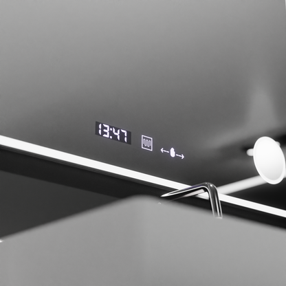 Miroir LED rectangulaire 120x80 Aura Riflesso Puro MotionGlow Marcello, système anti-buée, thermomètre et horloge, dimmable