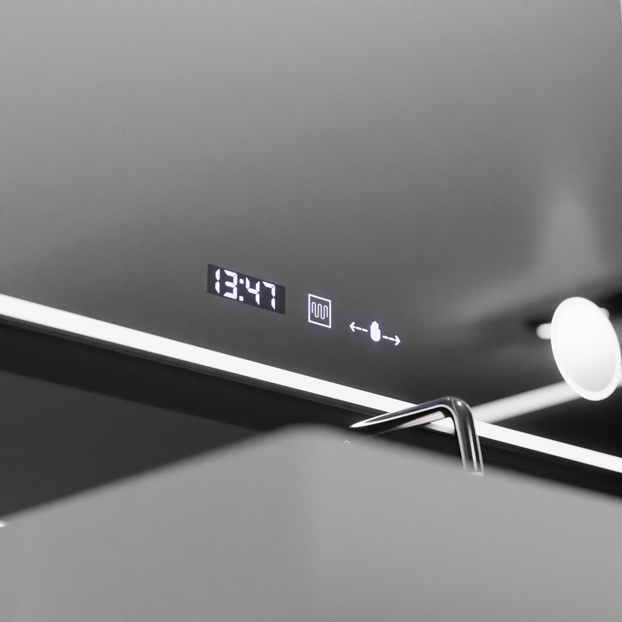 Miroir LED rectangulaire 120x80 Aura Riflesso Puro MotionGlow Marcello, système anti-buée, thermomètre et horloge, dimmable