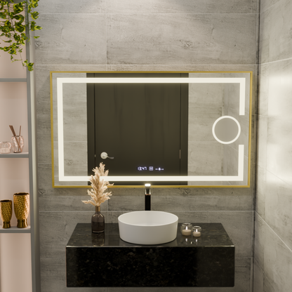 Miroir LED rectangulaire, 110x65cm, Eclat MotionGlow Marcello, système anti-buée, horloge et thermomètre, loupe cosmétique, intensité variable, cadre doré brossé