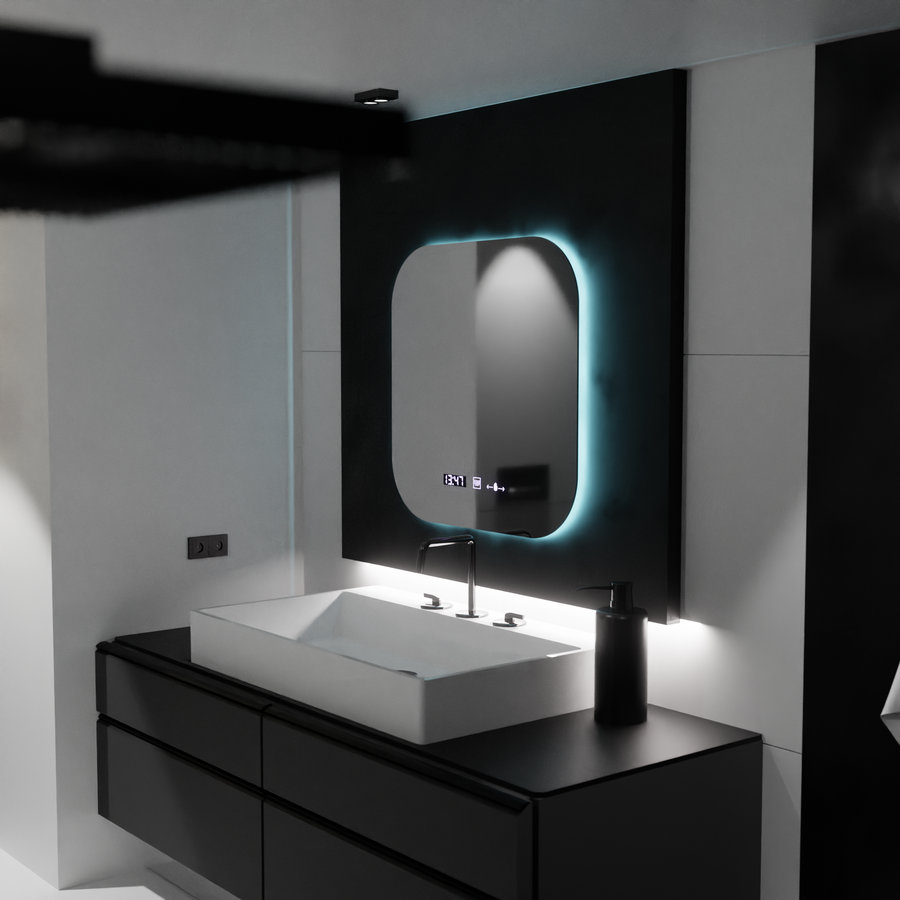 Miroir LED rectangulaire 60x60 Aura Riflesso Puro MotionGlow Marcello, système anti-buée, thermomètre et horloge, intensité variable