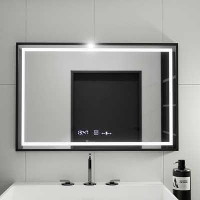Miroir LED rectangulaire, 100x80 cm, Verite Majeste Noir MotionGlow Marcello, système anti-buée, horloge et thermomètre, intensité variable