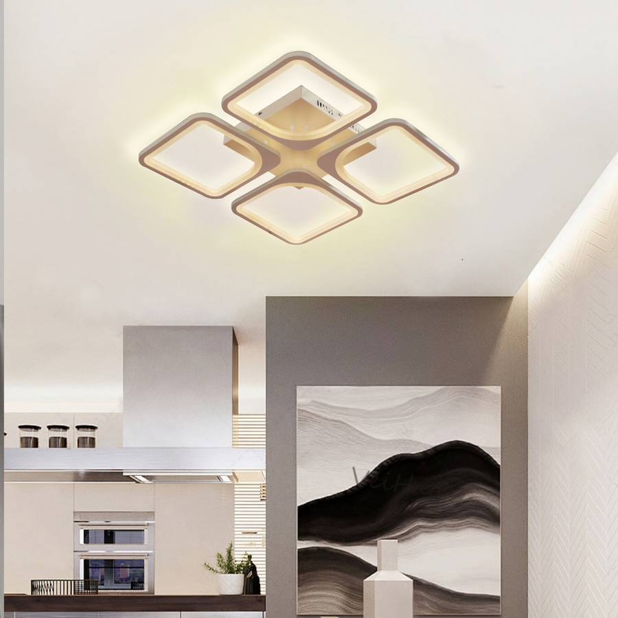 Lustre LED avec télécommande ZOE 53W, 4 Carrés, Lumière Froid/Chaud/Neutre, Dimmable, Blanc