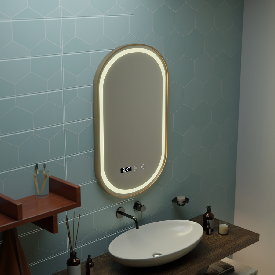 Konrad Miroir tactile LED avec système de désembuage, horloge et température, cadre doré brossé 50 x 80 cm, lumière froide neutre et chaude 3000 K/4000 K/6000 K.