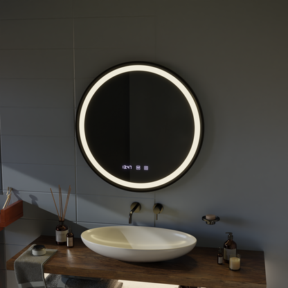 Miroir LED Tactile NOVARA Système Désembuage, Horloge et Température 50 cm Cadre Noir Brossé