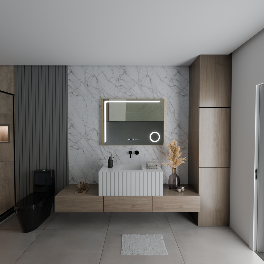 Miroir LED avec capteur MotionGlow Rosalia 80 x 60 cm Lumière chaude/froide/neutre Système anti-buée à intensité variable Thermomètre Horloge Collection Marcello Funghi