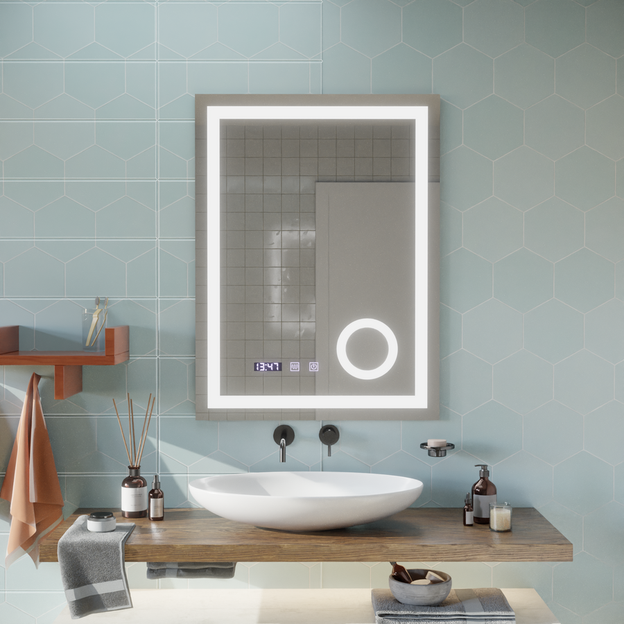 NIVERA Miroir Tactile LED Système de Désembuage, Horloge et Température Loupe Cosmétique 60x80 cm