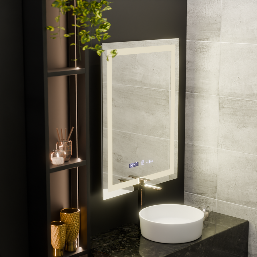 Miroir LED rectangulaire, 60x80 cm, Verite MotionGlow Marcello, système anti-buée, horloge et thermomètre, intensité variable