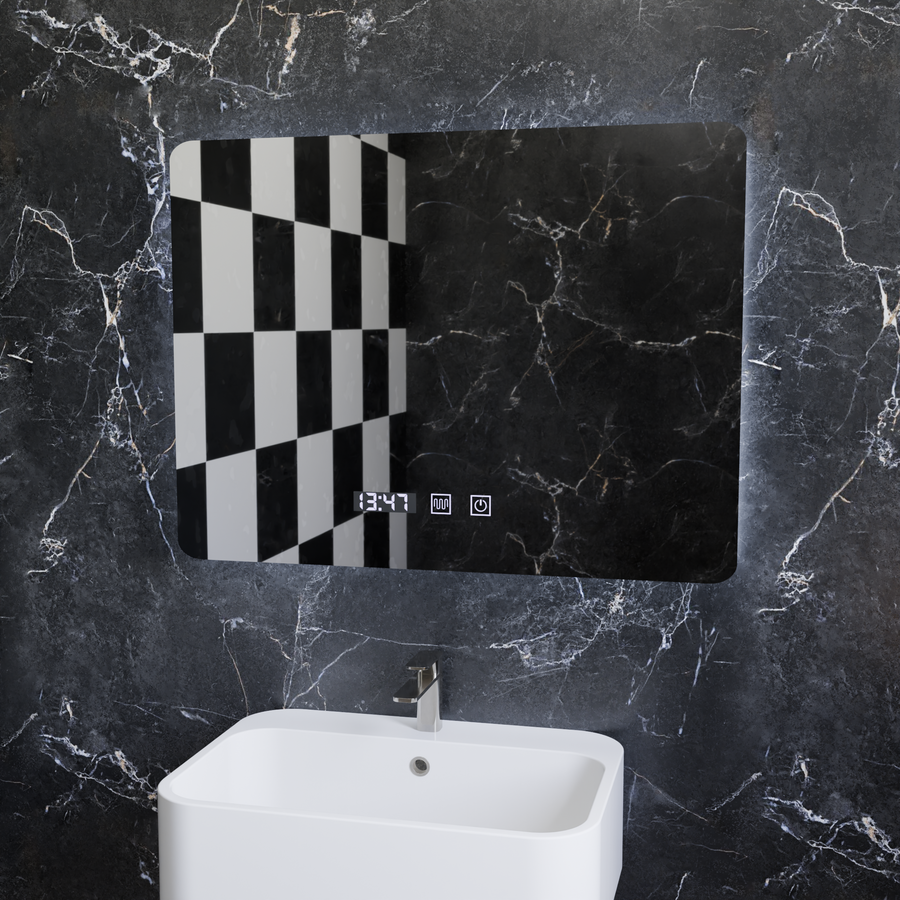 Miroir LED rectangulaire ARTAR Touch, 80x60 cm, système de désembuage, intensité variable, horloge et température, lumière froide neutre et chaude 3000K/4000K/6000K