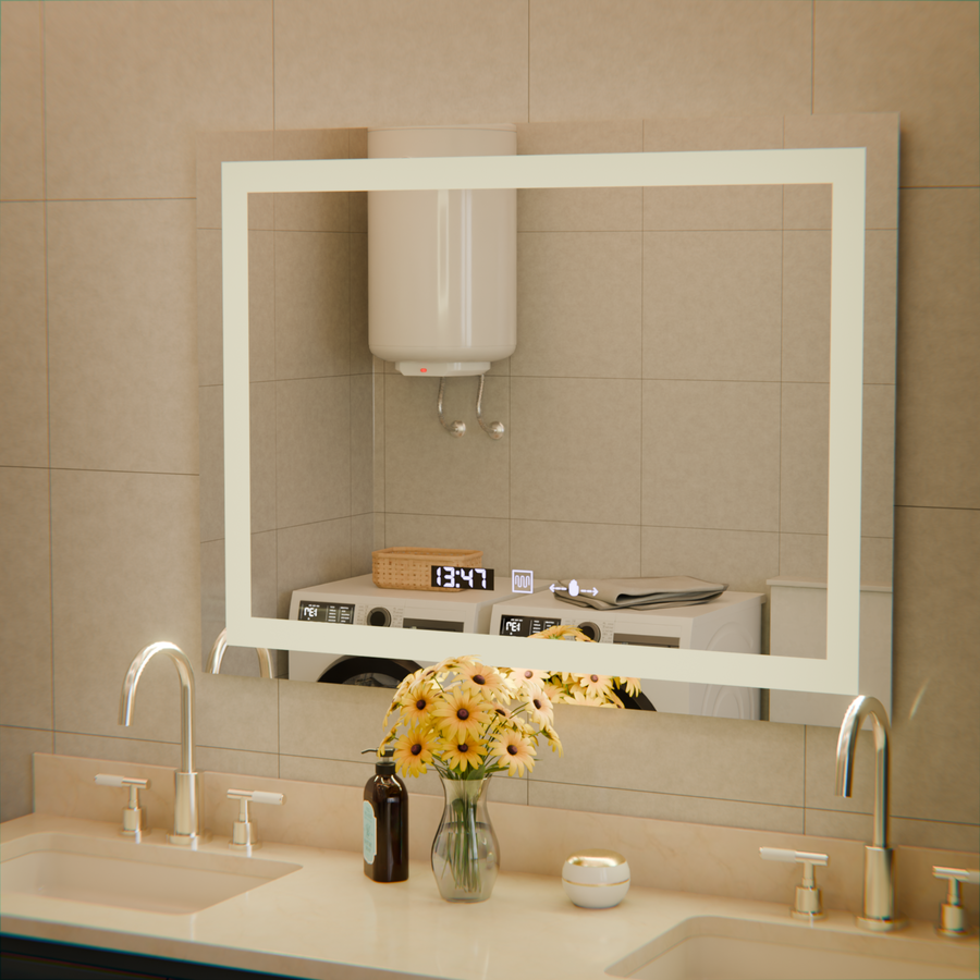 Miroir LED rectangulaire, 80x60 cm, Verite MotionGlow Marcello, système anti-buée, horloge et thermomètre, intensité variable