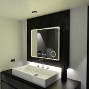 Miroir LED rectangulaire, 90 x 75 cm, Riflesso MotionGlow Marcello, système anti-buée, horloge et thermomètre, loupe cosmétique, variable