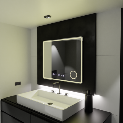 Miroir LED rectangulaire, 90 x 75 cm, Riflesso MotionGlow Marcello, système anti-buée, horloge et thermomètre, loupe cosmétique, variable