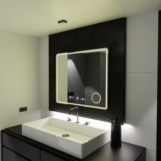 Miroir LED rectangulaire, 80x60 cm, Riflesso MotionGlow Marcello, système anti-buée, horloge et thermomètre, loupe cosmétique, variable