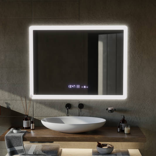 Miroir LED rectangulaire, 80x60cm, capteur ELANCEE MotionGlow Marcello, système anti-buée, horloge et thermomètre, intensité variable