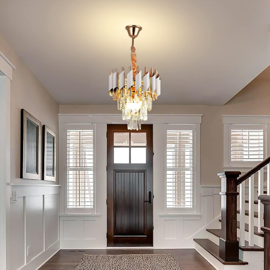 Lustre en cristal VERSAILLES Petito 3xE14, diamètre 30cm, doré brillant et blanc, hauteur réglable, métal et cristal