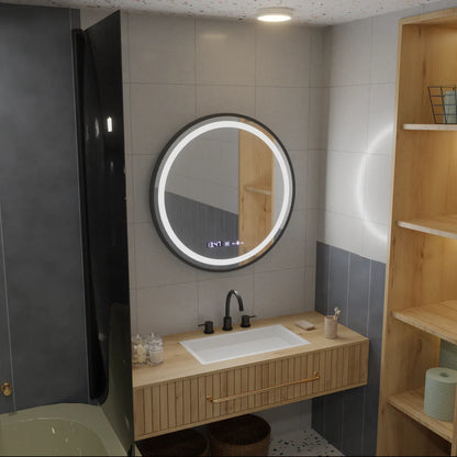 Miroir rond LED, 60 cm, Celeste Majeste Noir Eleve MotionGlow Marcello, système anti-buée, horloge et thermomètre, intensité variable