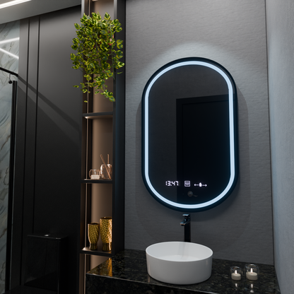 Miroir LED ovale, 50x80cm, Alessia MotionGlow Marcello, système anti-buée, horloge et thermomètre, intensité variable