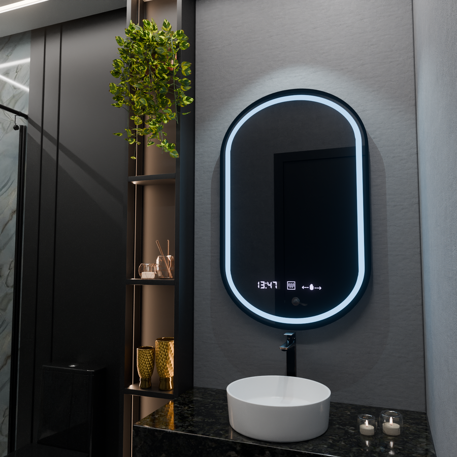 Miroir LED ovale, 50x80cm, Alessia MotionGlow Marcello, système anti-buée, horloge et thermomètre, intensité variable