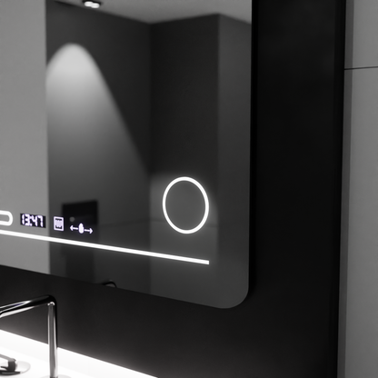 Miroir LED rectangulaire, 80x60 cm, Harmonie MotionGlow Marcello, système anti-buée, thermomètre et horloge, loupe cosmétique, intensité variable