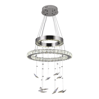 Lustre LED suspendu avec télécommande et cristal 36W, 2 Cercles, Lumière Froid/Chaud/Neutre, Dimmable, Chrome Brillant, Hauteur Réglable