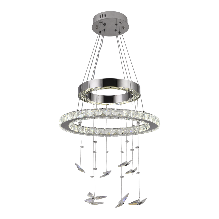 Lustre LED suspendu avec télécommande et cristal 36W, 2 Cercles, Lumière Froid/Chaud/Neutre, Dimmable, Chrome Brillant, Hauteur Réglable