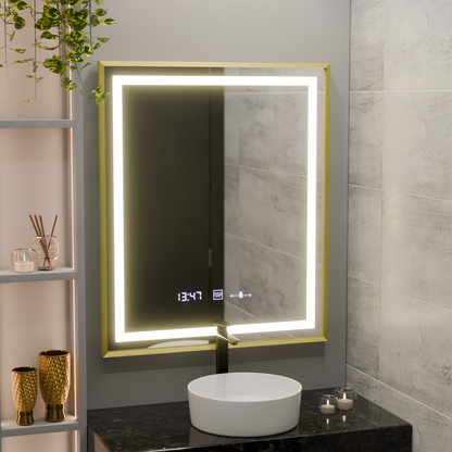 Miroir LED rectangulaire, 75x90 cm, Verite Royale Gold MotionGlow Marcello, système anti-buée, horloge et thermomètre, intensité variable