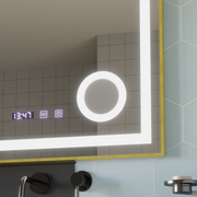 Miroir LED CLARUS Touch, système de désembuage, horloge et température, loupe cosmétique cadre or brossé 80x60 cm