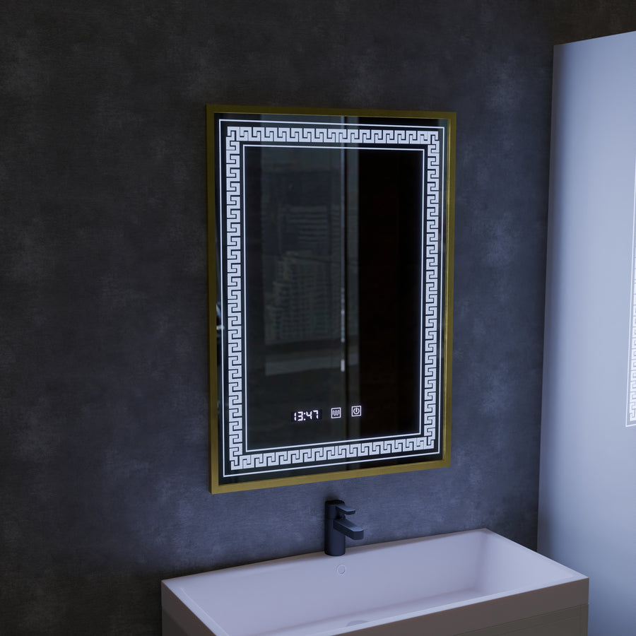 Miroir LED Touch Bruno, système anti-buée, horloge et température, 60x80 cm, cadre doré brossé, S84/60X80