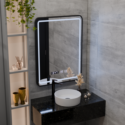 Miroir LED Tactile LUCIDA Système de Désembuage, Horloge et Température 50x70 cm Cadre Noir Brossé