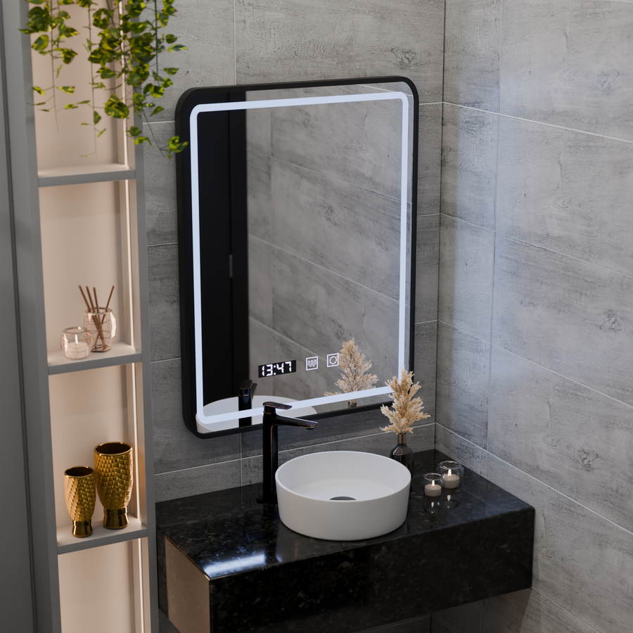 Miroir LED Tactile LUCIDA Système de Désembuage, Horloge et Température 50x70 cm Cadre Noir Brossé