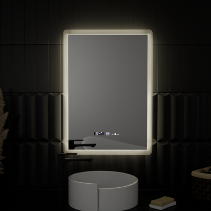 Miroir LED rectangulaire, 50x70cm, capteur ELANCEE MotionGlow Marcello, système anti-buée, horloge et thermomètre, intensité variable