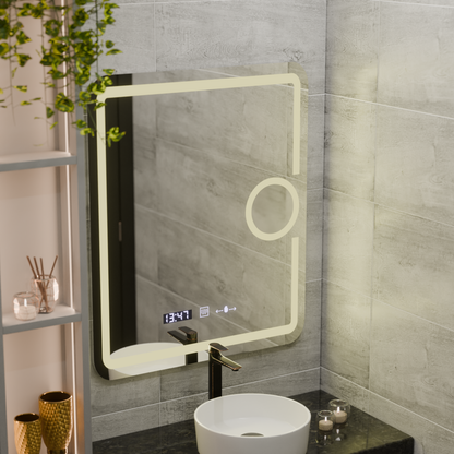 Miroir LED rectangulaire, 75x90cm, Eclat MotionGlow Marcello, système anti-buée, horloge et thermomètre, loupe cosmétique, variable