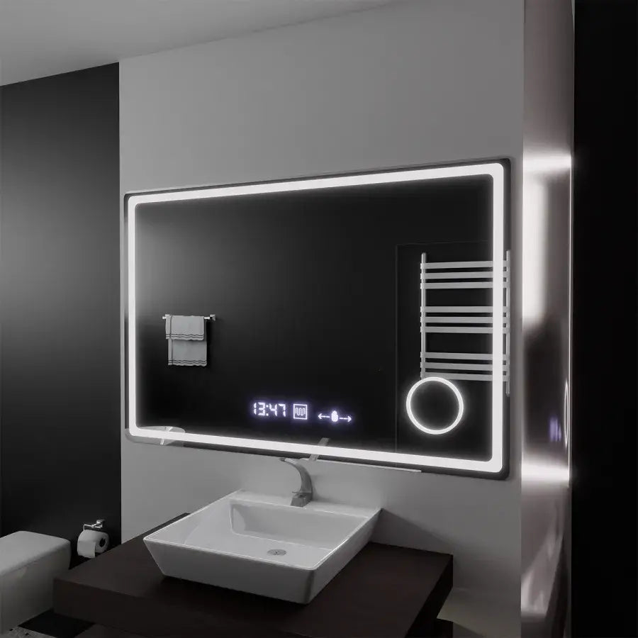 Miroir LED rectangulaire, 120x80 cm, Souverain MotionGlow Marcello, système anti-buée, horloge et thermomètre, loupe cosmétique, intensité variable