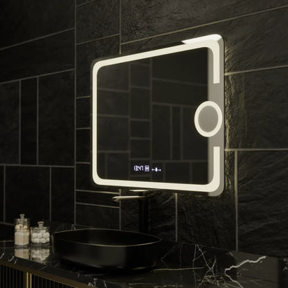 Miroir LED rectangulaire, 80x60 cm, Eclat MotionGlow Marcello, système anti-buée, horloge et thermomètre, loupe cosmétique, intensité variable