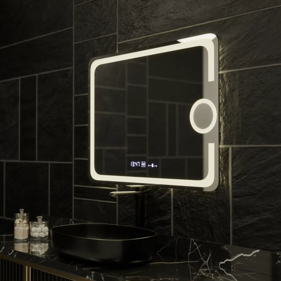 Miroir LED rectangulaire, 80x60 cm, Eclat MotionGlow Marcello, système anti-buée, horloge et thermomètre, loupe cosmétique, intensité variable