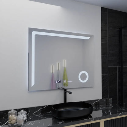Miroir LED rectangulaire, 100x80 cm, Precision MotionGlow Marcello, système anti-buée, horloge et thermomètre, loupe cosmétique, variable