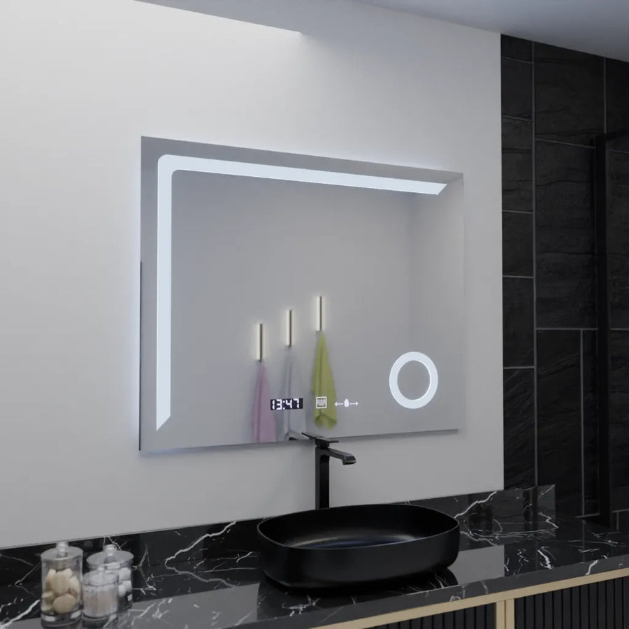Miroir LED rectangulaire, 100x80 cm, Precision MotionGlow Marcello, système anti-buée, horloge et thermomètre, loupe cosmétique, variable