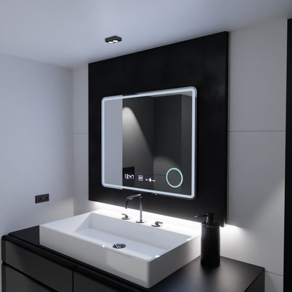 Miroir LED rectangulaire, 90 x 75 cm, Riflesso MotionGlow Marcello, système anti-buée, horloge et thermomètre, loupe cosmétique, variable